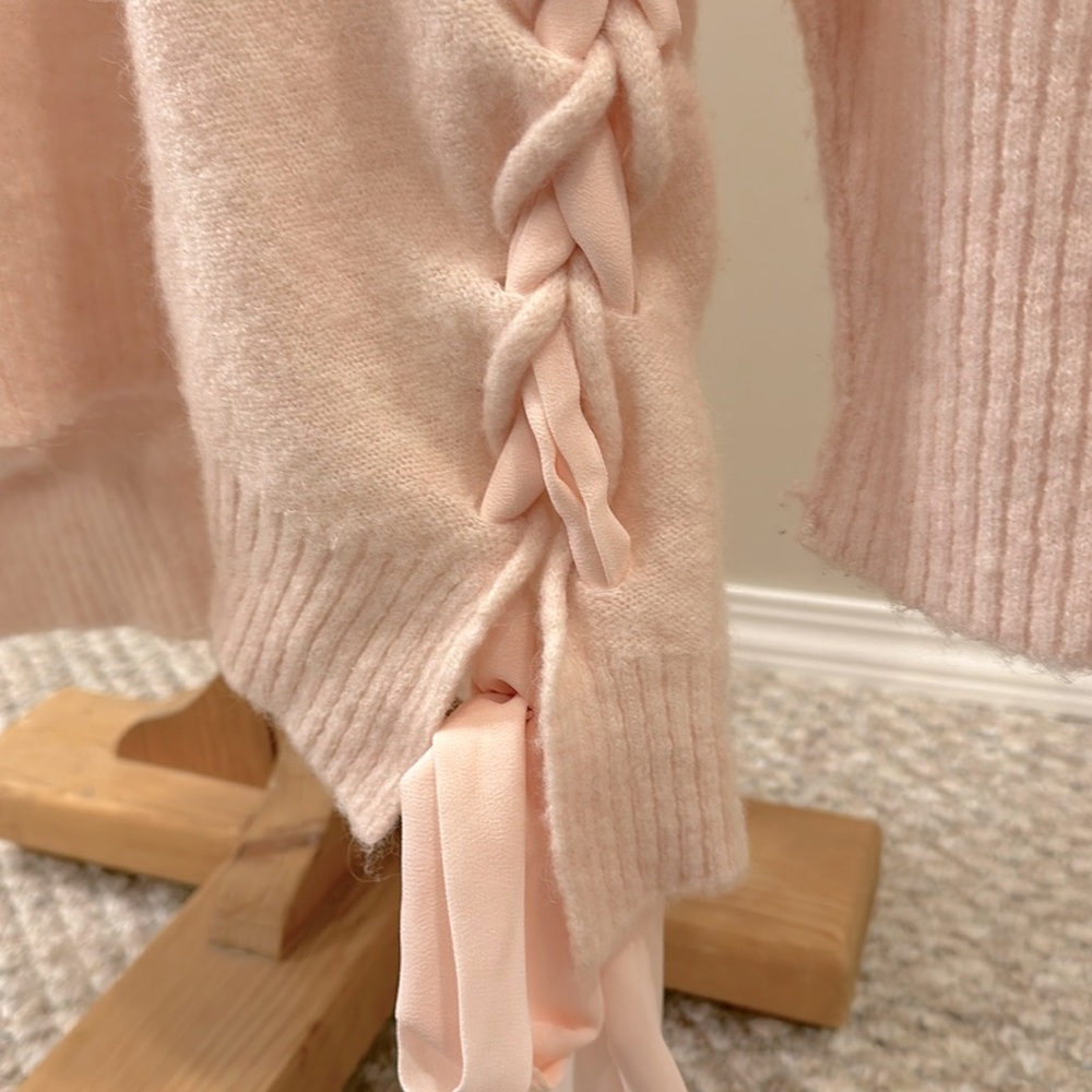New Free People Be Mine Pink Alpaca Sweater Size Med tie side - Picture 6 of 11